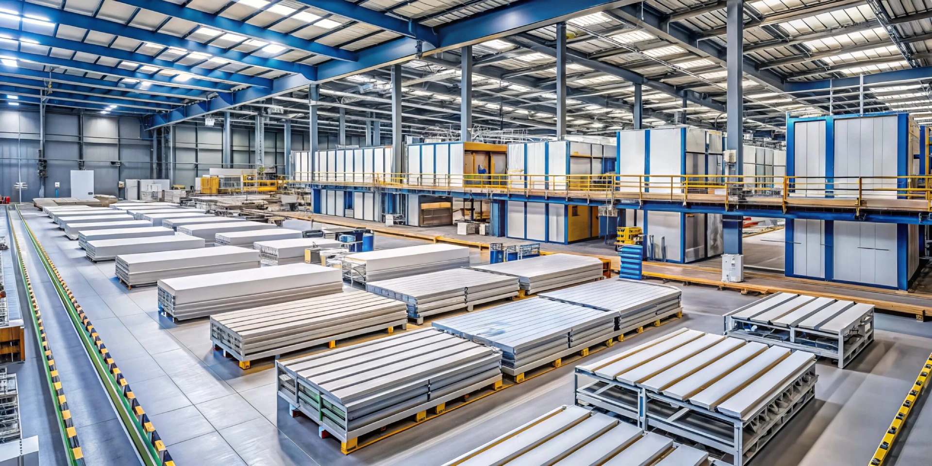 Modern industrial factory producing large prefabricated panels for sustainable building construction, with rows of