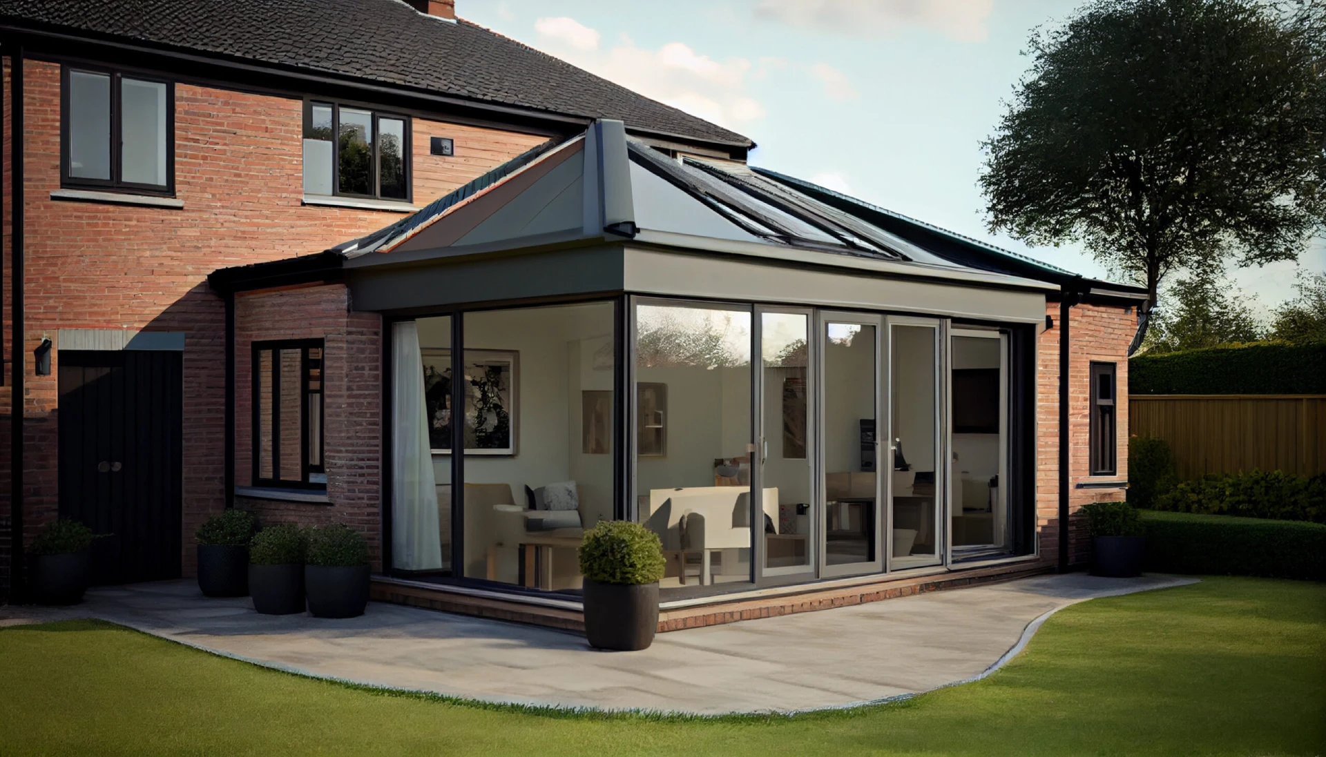 Modern Sunroom or conservatory extending into the garden, surrounded by a block paved patio. Ai generative